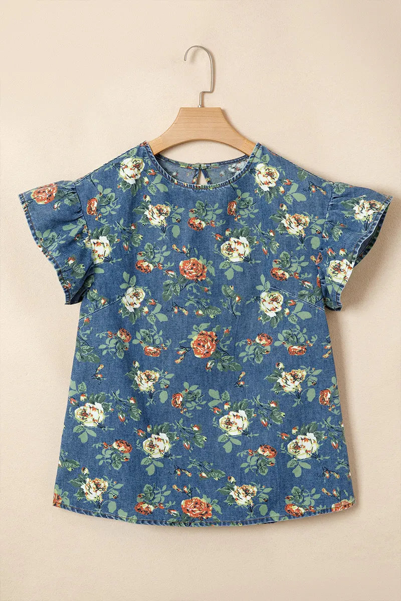 Women's Retro Print Ruffled Denim Top