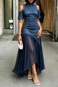 Women's Round Neck Patchwork Mesh Elegant Casual Denim Dress