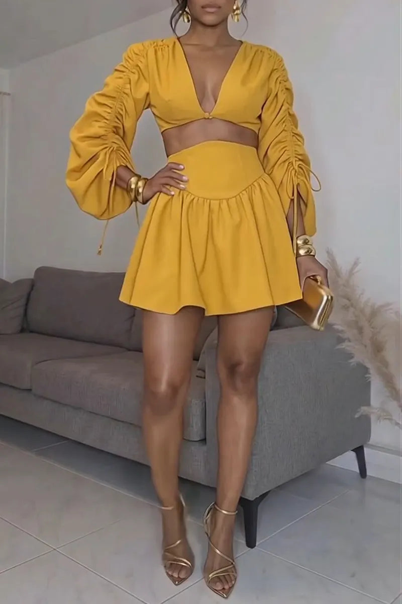 Women's Elegant Pleated Long Sleeve Cropped Top High Waist Skirt Two-Piece Set