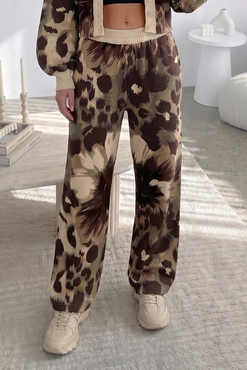 Women's 2-Piece Animal Print Loungewear Set Contrast Trim Button Front Cardigan and Matching Pants Co-ord