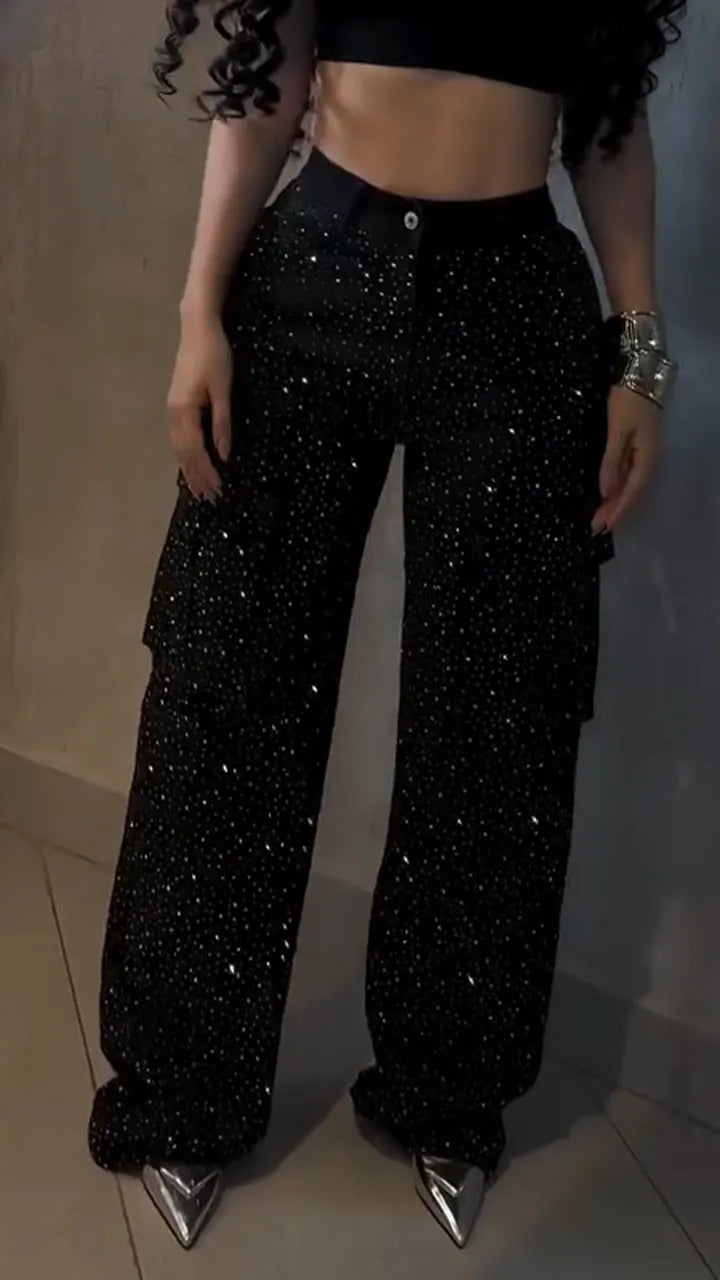 Women's Rhinestone Loose Casual Cargo Jeans