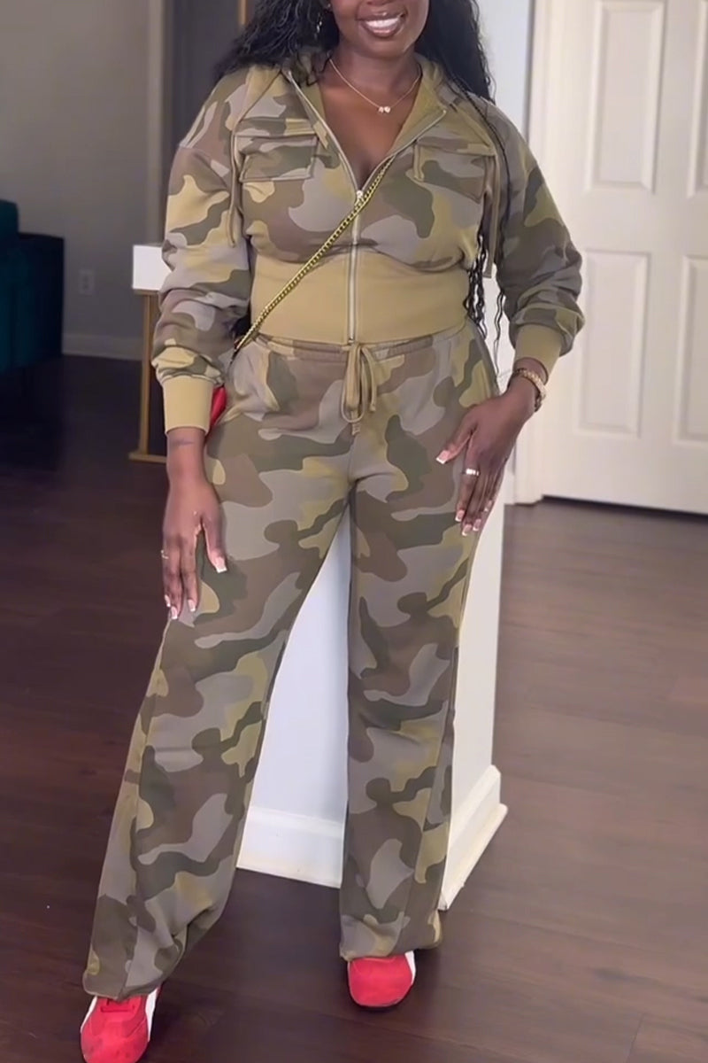 Women's Round Neck Patchwork Hooded Jacket+ Pants Casual Camouflage Set