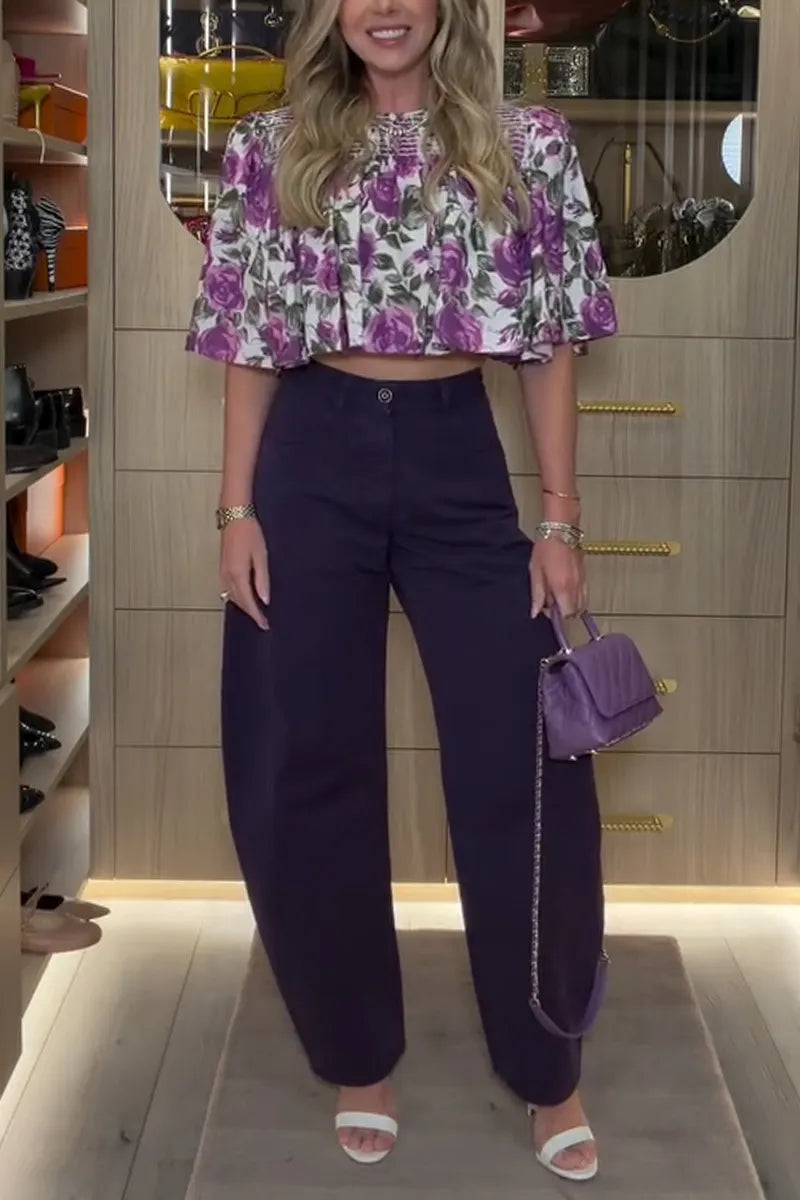 Women's Round Neck Printed Top or Solid Color Wide Leg Pants