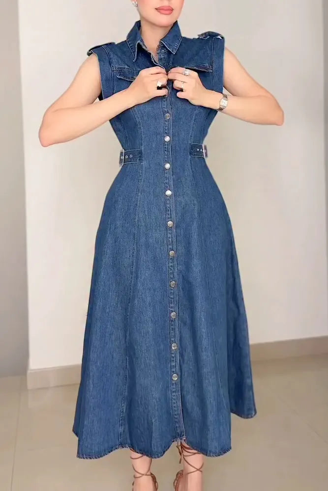 Women's Elegant Wide-Shoulder Adjustable Waist Denim Dress