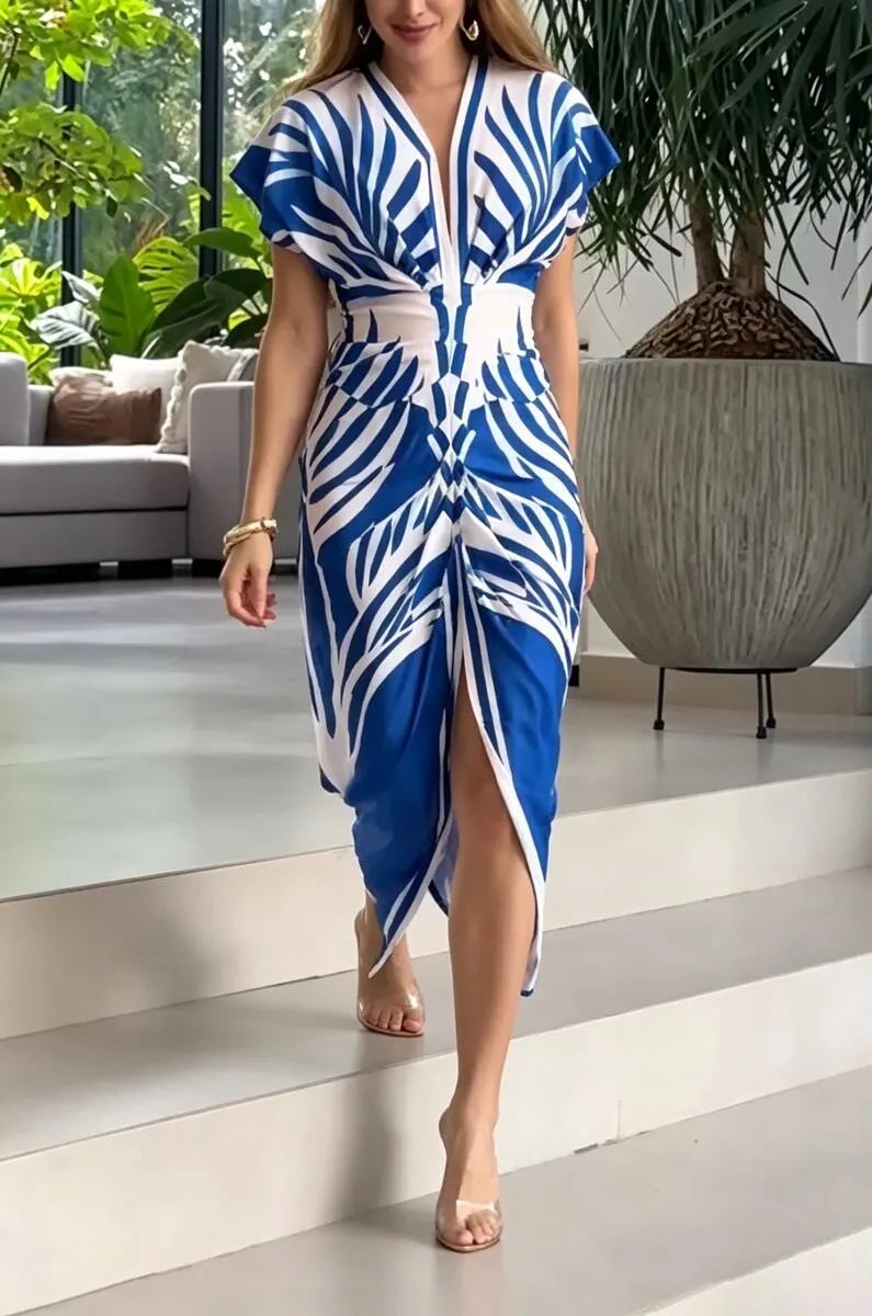 Women's V-neck Printed Waist Cinching Elegant Temperament Dress