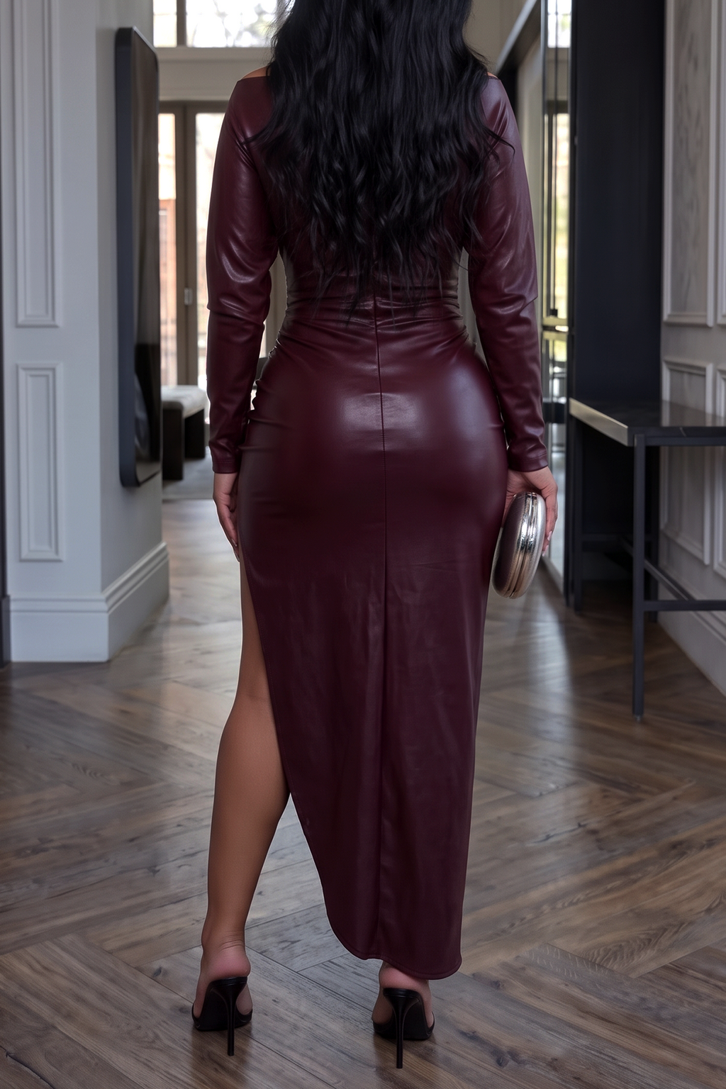 Women's Sexy Off the Shoulder Faux Leather Maxi Dress Long Sleeve Ruched High Slit Cocktail Bodycon Club Dress