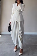 Women's V-neck Waist Cinched Jacket+ Pants Temperament Commuting Suit