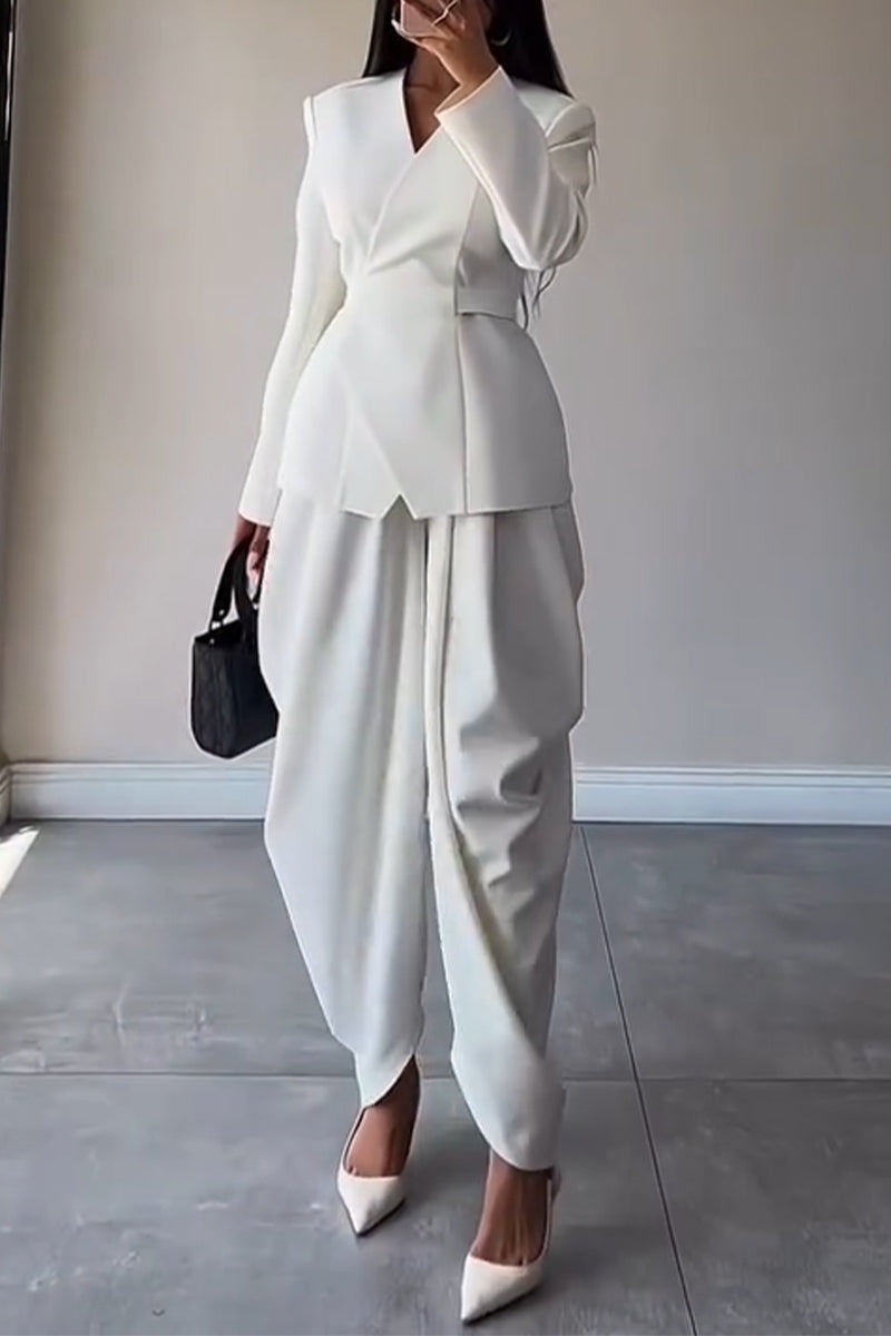 Women's V-neck Waist Cinched Jacket+ Pants Temperament Commuting Suit