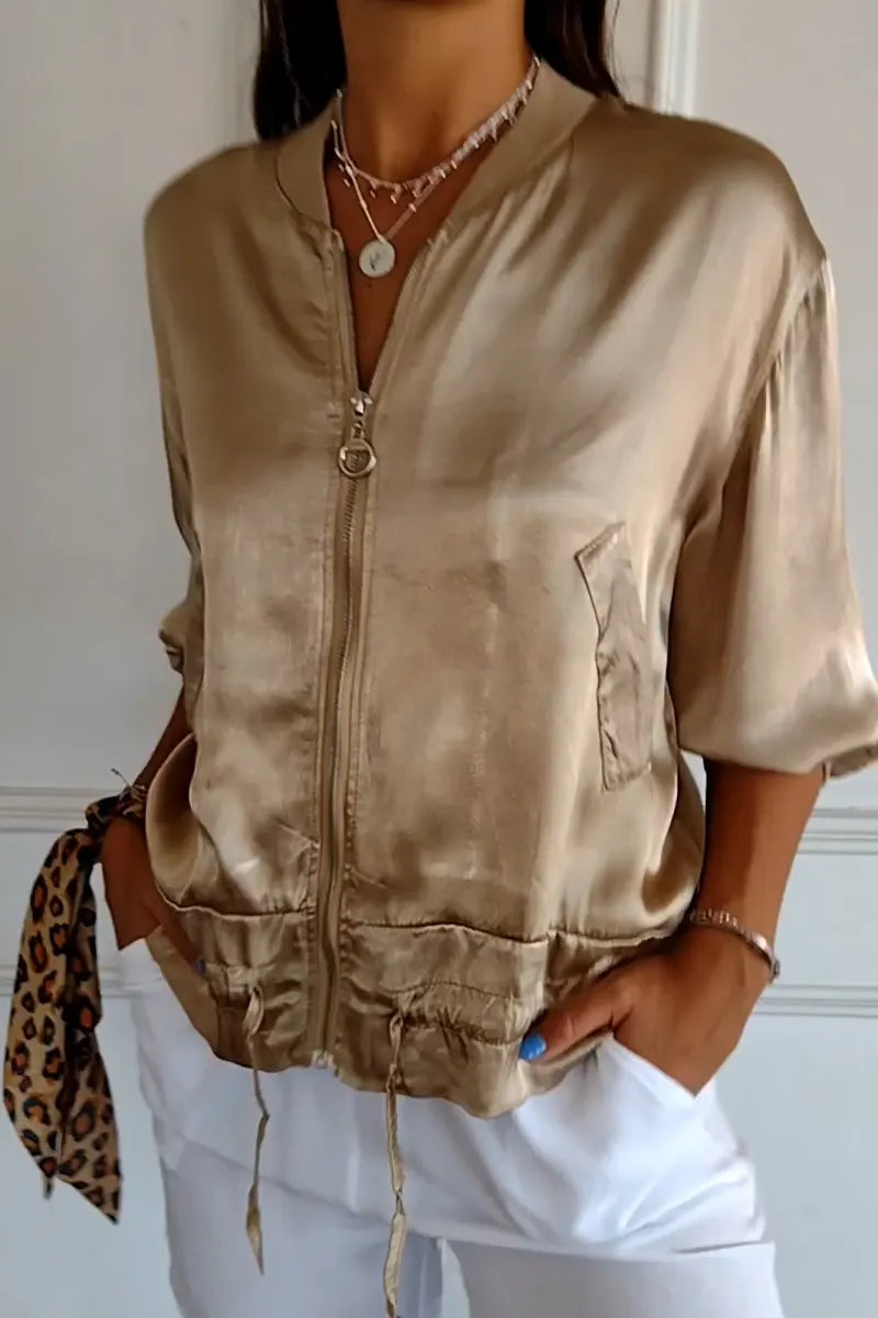 Women's Round Neck Spliced Zipper Casual Satin Jacket