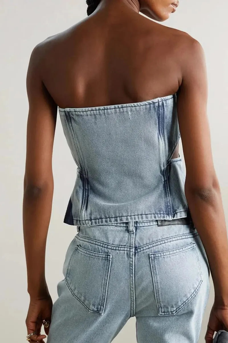 Women'sLight Wash Strapless Side Cutout Full Front Zip Denim Tube Top Or High Waist Contrast Dark Denim Diagonal Panel Flare Jeans