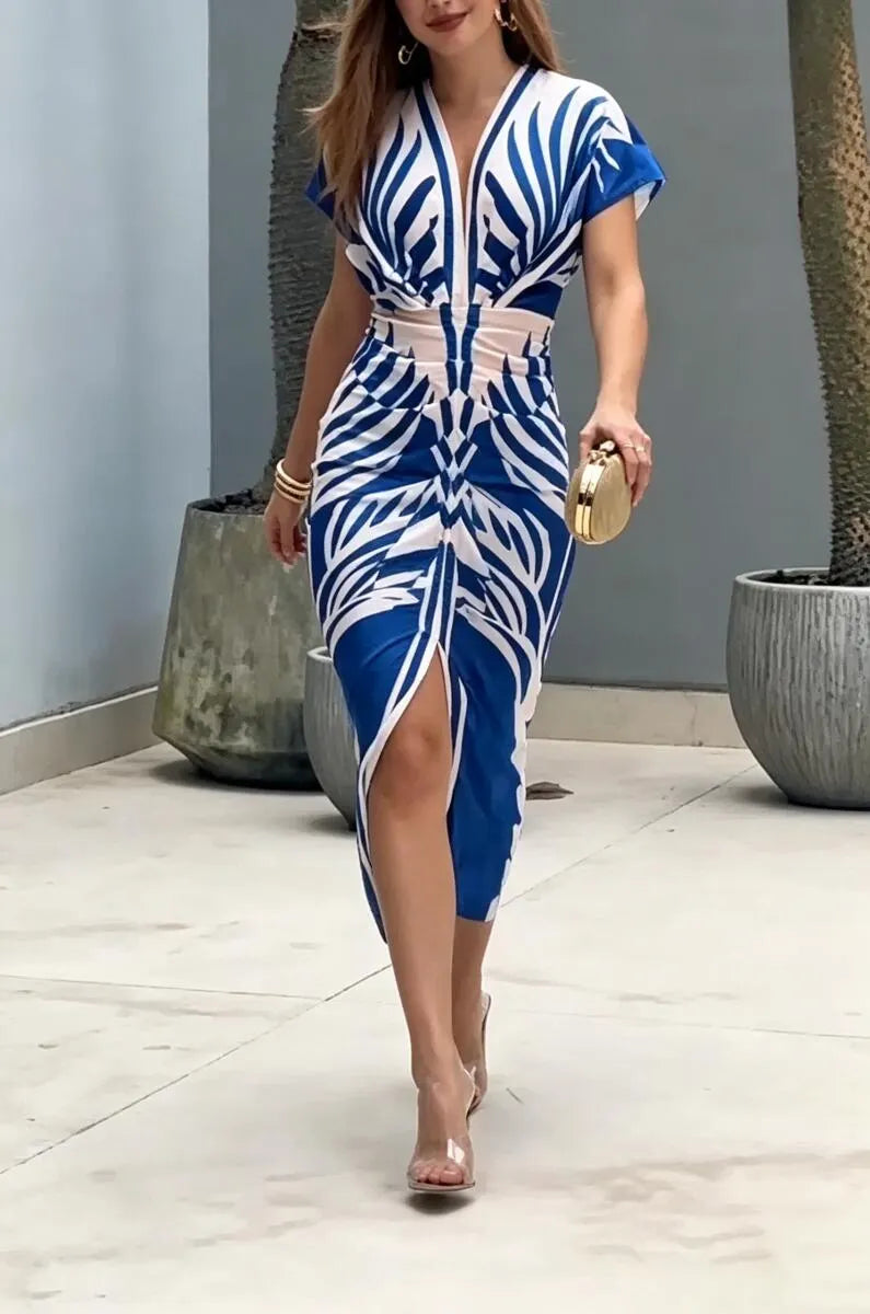 Women's V-neck Printed Waist Cinching Elegant Temperament Dress