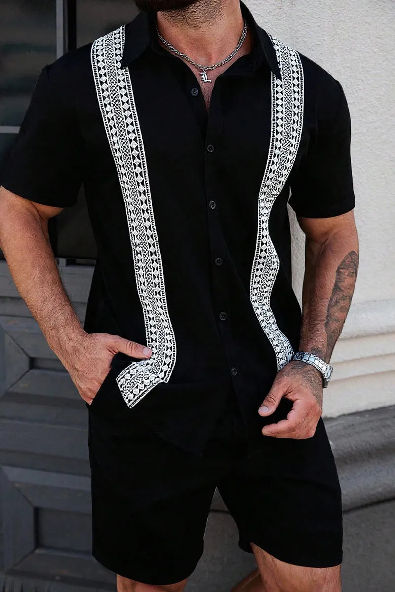 Men's Casual Contrast Color Lace Trim Shirt, Summer