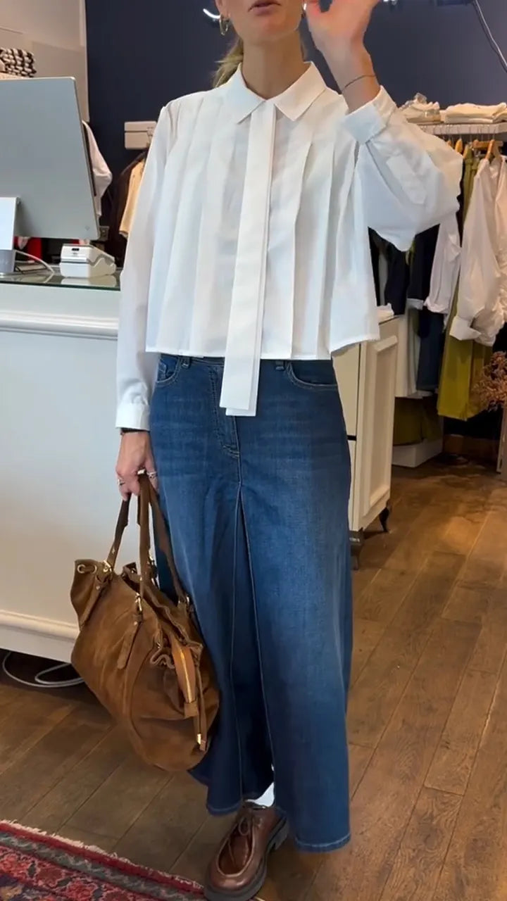 Women Collared Pleated Top + Jeans Casual Suit