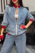 Women's Casual Round Neck Spliced Jacket or Vertical Striped Jeans