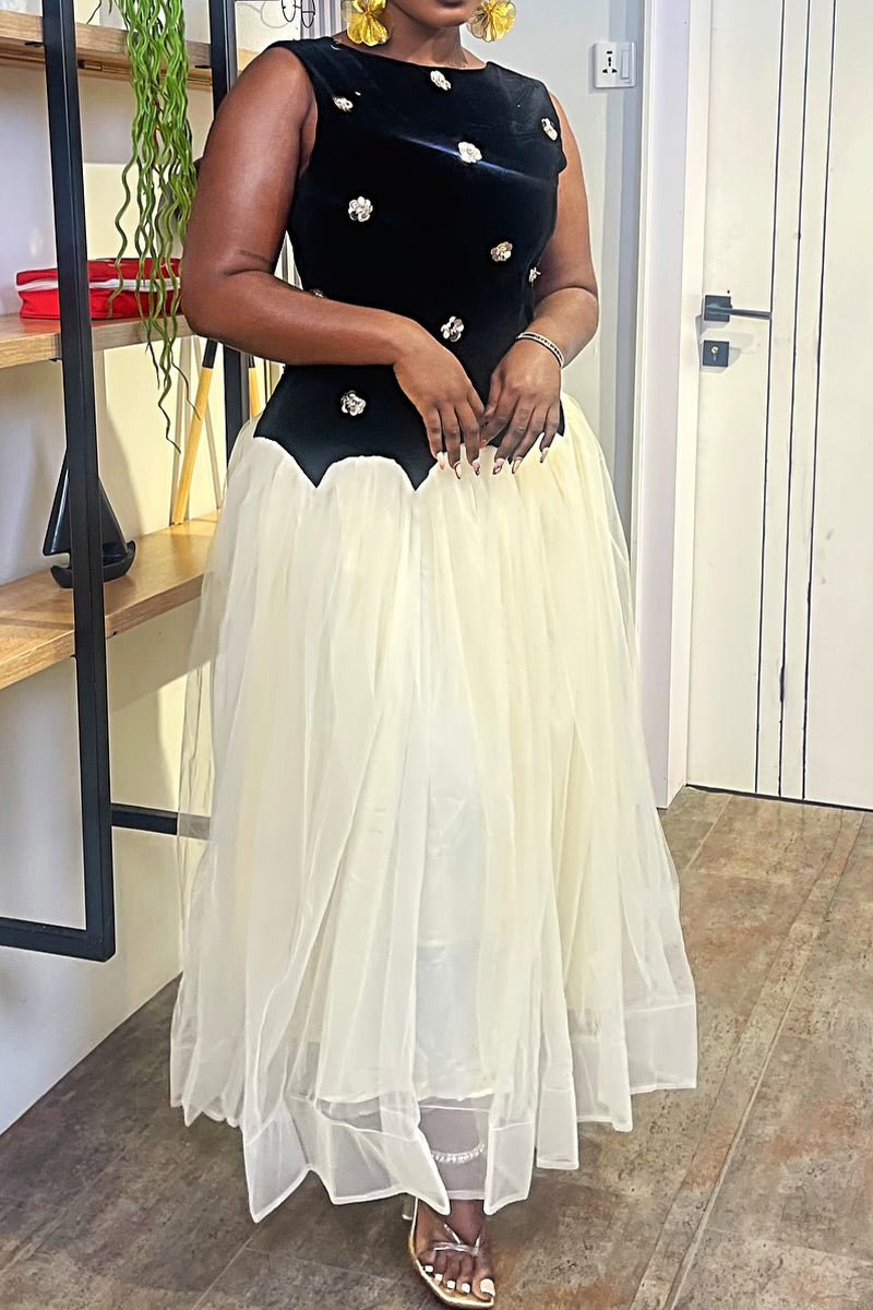 Women's Casual Sleeveless Rhinestone Velvet Top Tulle Maxi Dress
