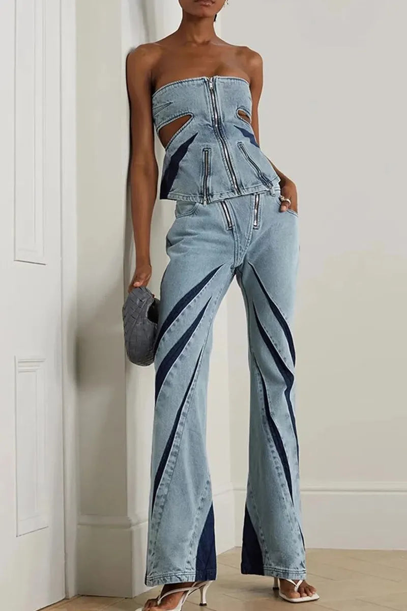 Women'sLight Wash Strapless Side Cutout Full Front Zip Denim Tube Top Or High Waist Contrast Dark Denim Diagonal Panel Flare Jeans