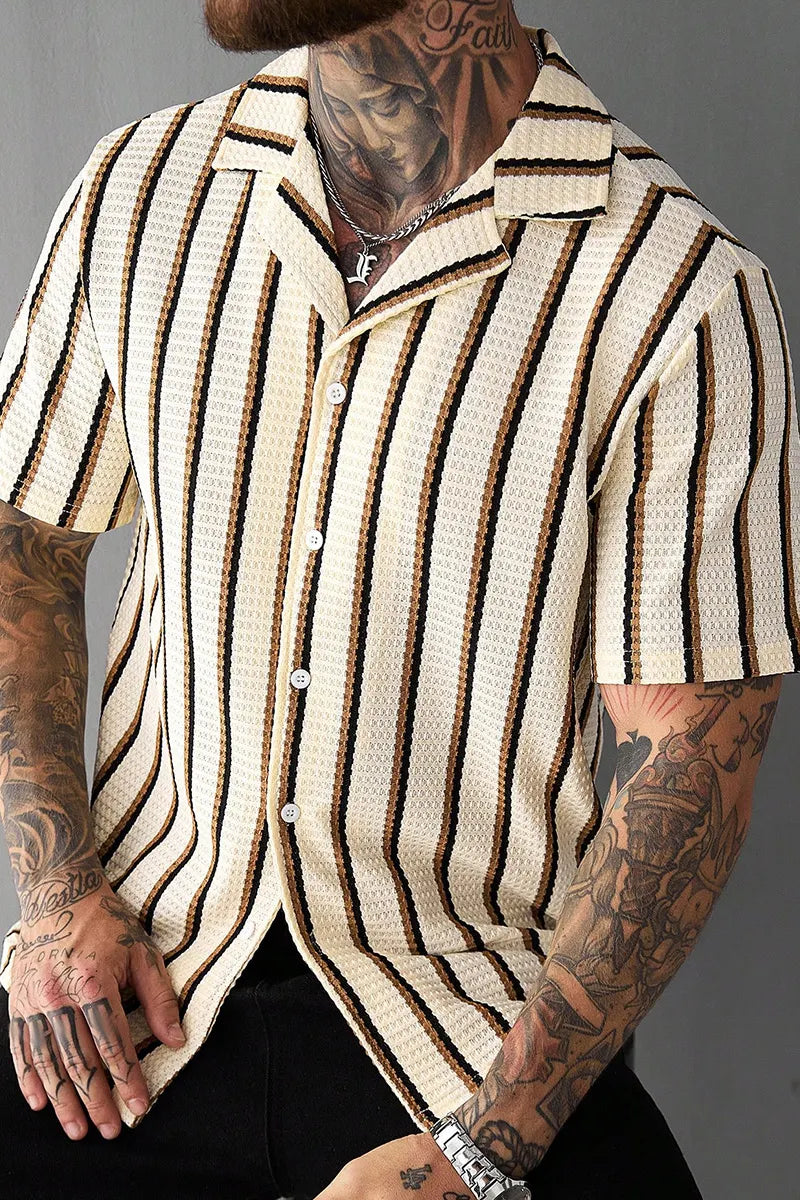 Men's Beige Summer Casual Vacation Holiday Striped Waffle Knit Polo Shirt,Classic Button Down Short Sleeve Textured Cuban Shirt Retro Outdoor Tops
