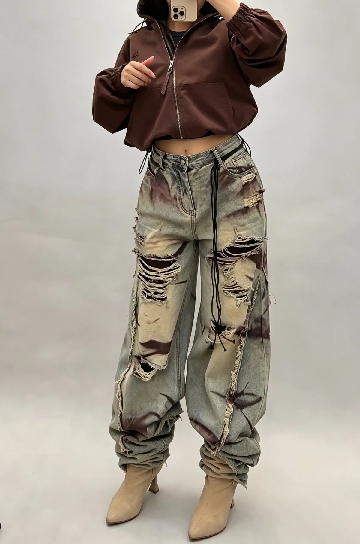 Women's Fashion Irregular Wash Ripped Wide Leg Jeans