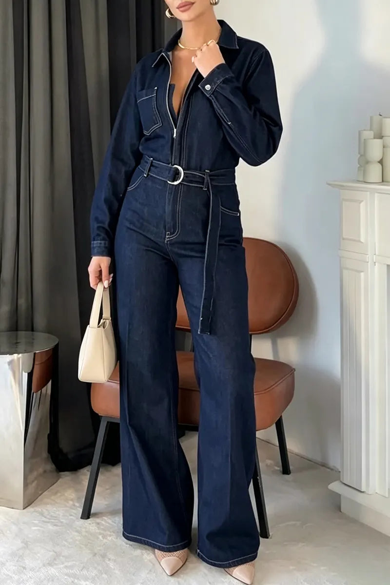 Women's Casual Versatile Long Sleeve Denim Jumpsuit with Belt