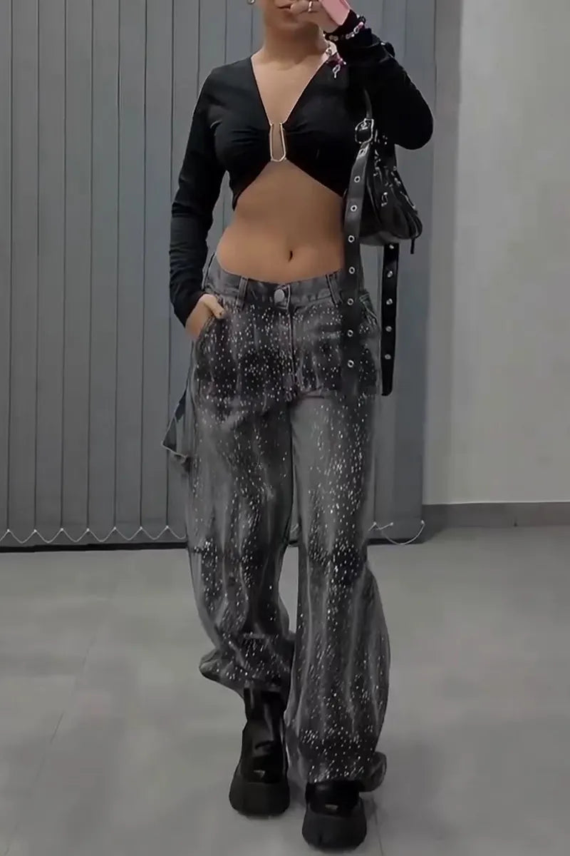 Women's Casual Rhinestone Decoration Wash Wide Leg Jeans