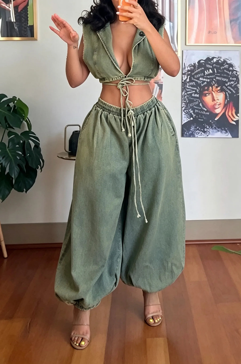 Women's Fashion Lapel Tie Short Denim Jacket or Elastic Cuff Wide Leg Jeans