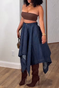 Women's Fashion Stripe Asymmetric Hem Denim Skirt