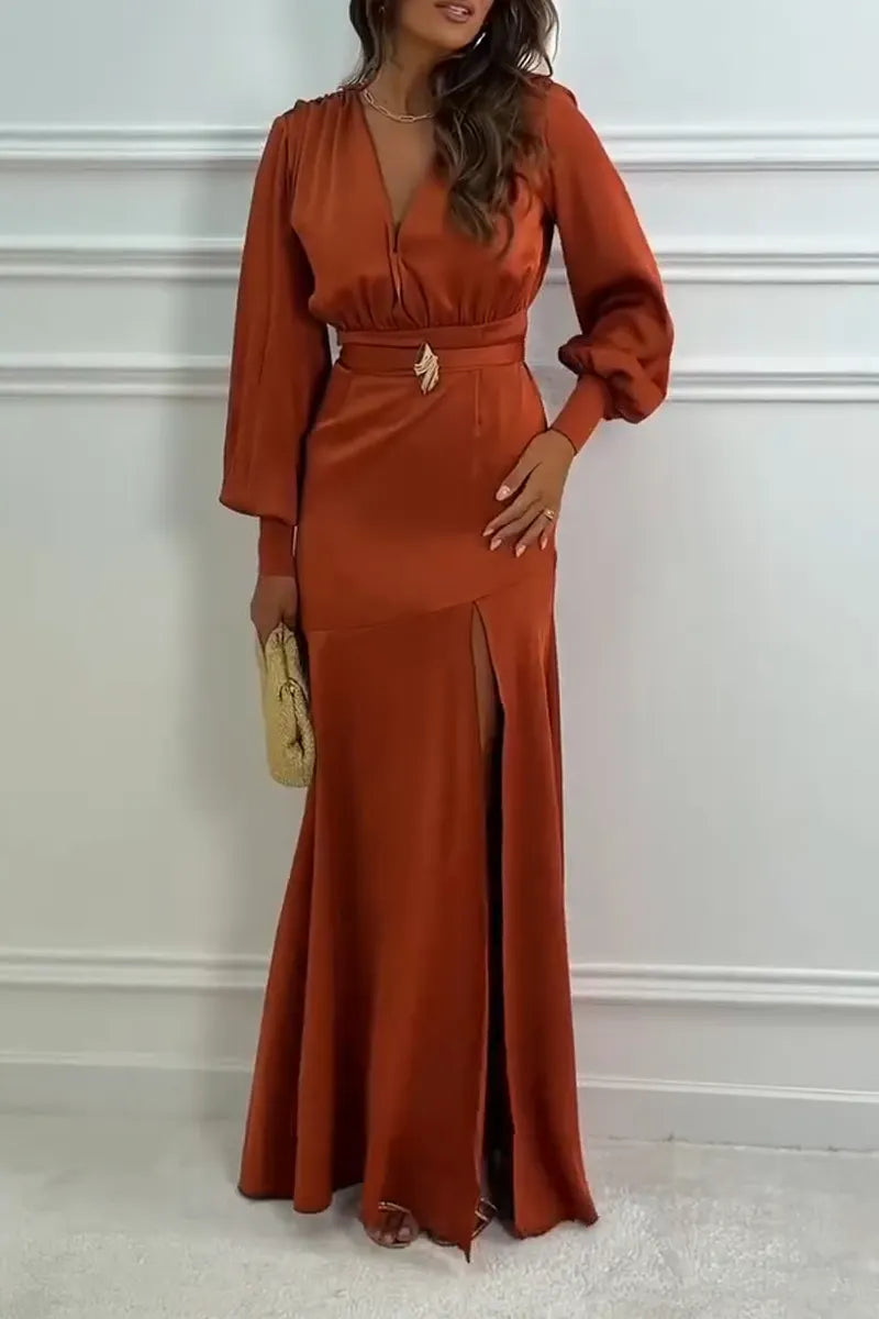 Women's V-neck Cinched Waist Slit Elegant Temperament Dress