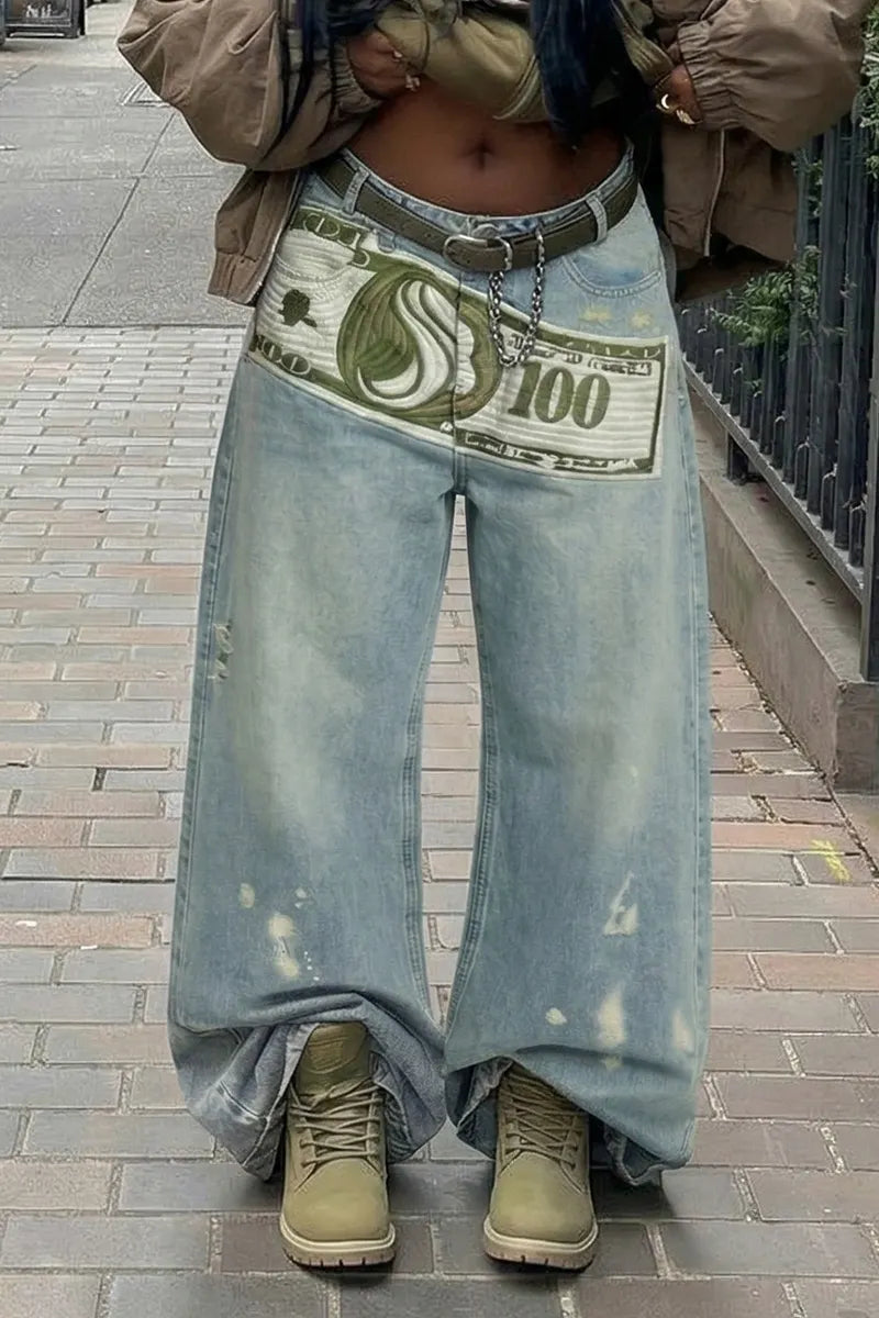 Women 100 Dollar Bill Print Splash Ink Vintage Wide Leg Denim Jeans