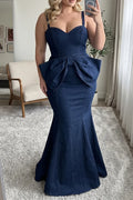 Women's Plus Size Elegant Sweetheart Mermaid Evening Gown Sleeveless Large Bow Peplum Waist Formal Cocktail Maxi Dress