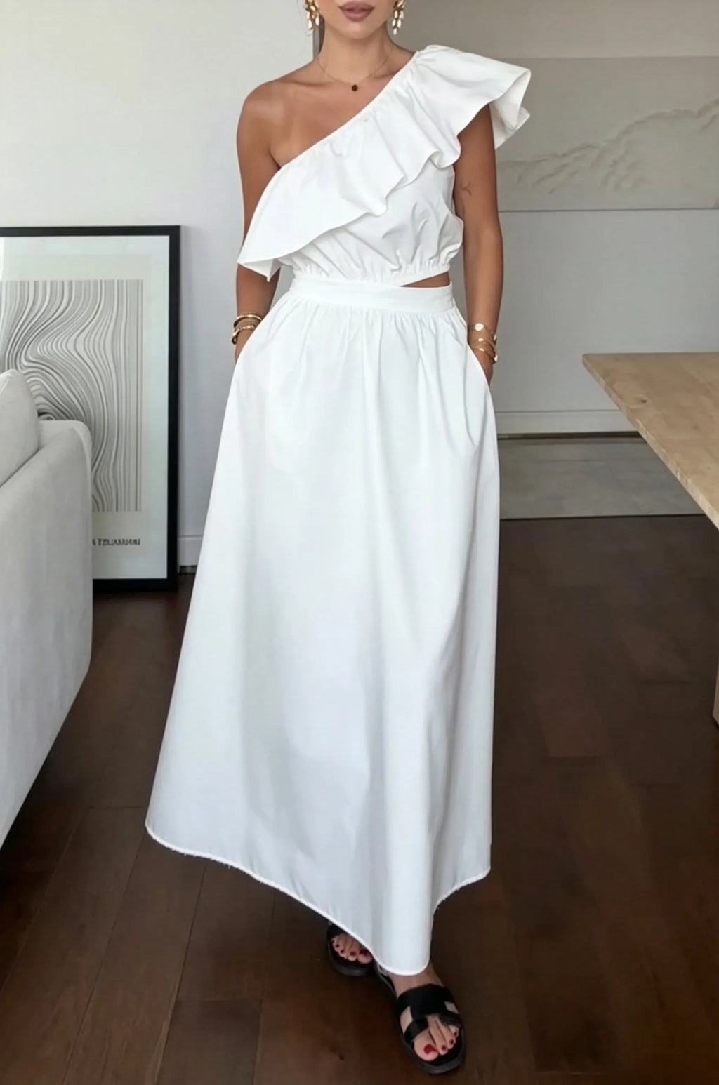 Women's Casual Ruffled Sleeve One Shoulder Waist Cutout  Maxi Dress
