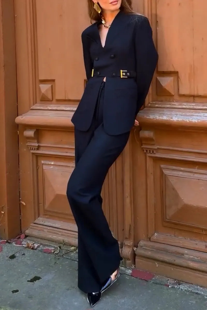 Women's Fashion V-Neck Double-Breasted Blazer or Suit Pants