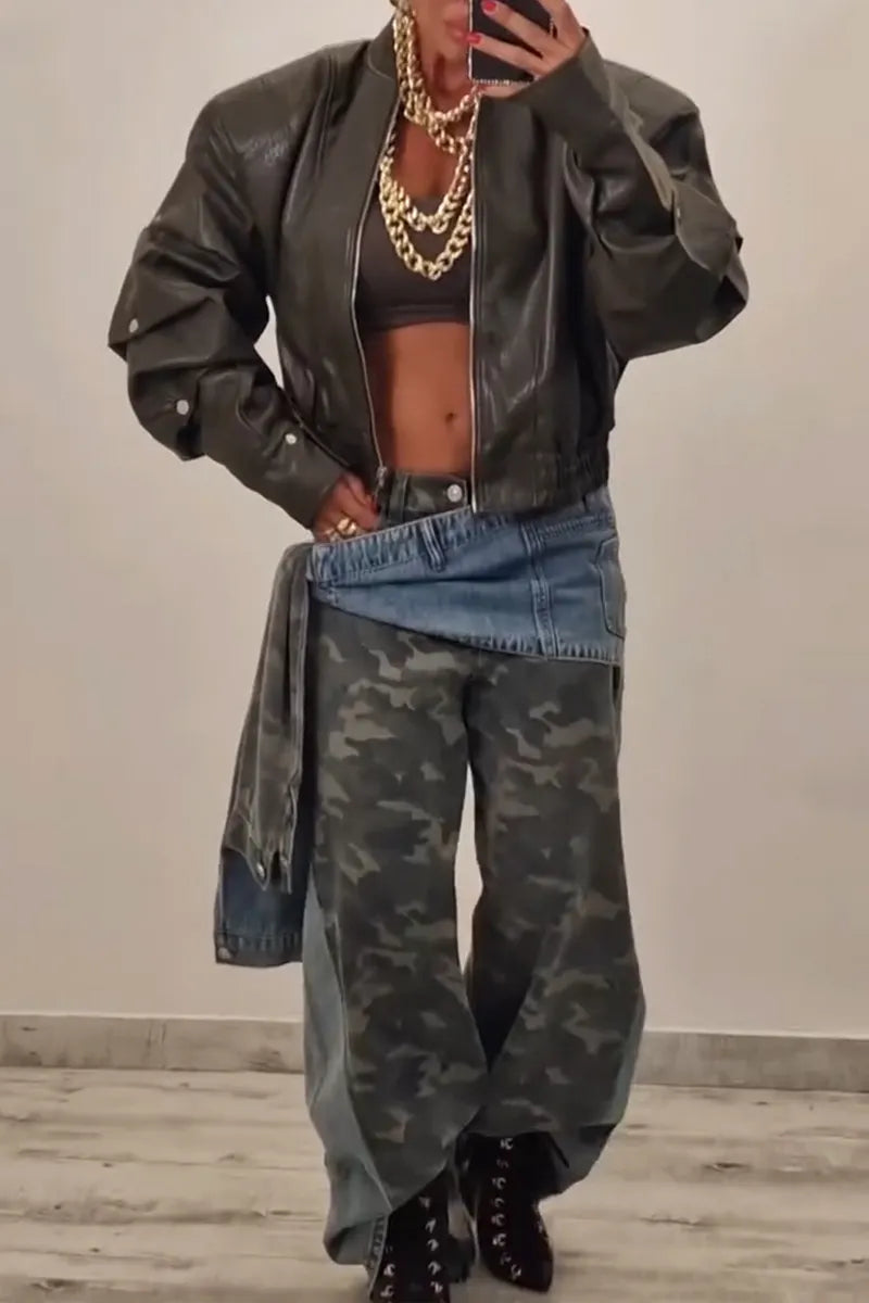 Women's Street Style Camo Layered Decoration Wide Leg Jeans