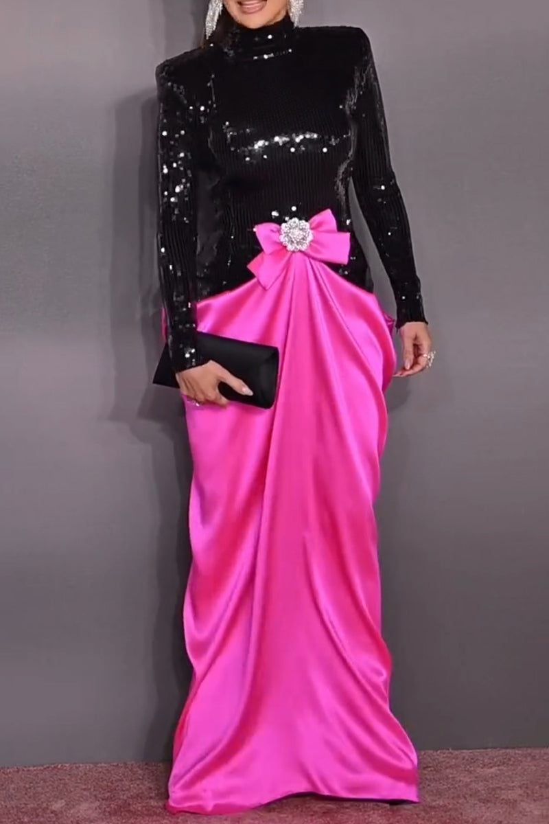 Women's Elegant Party Sequins Patchwork Satin Maxi Dress