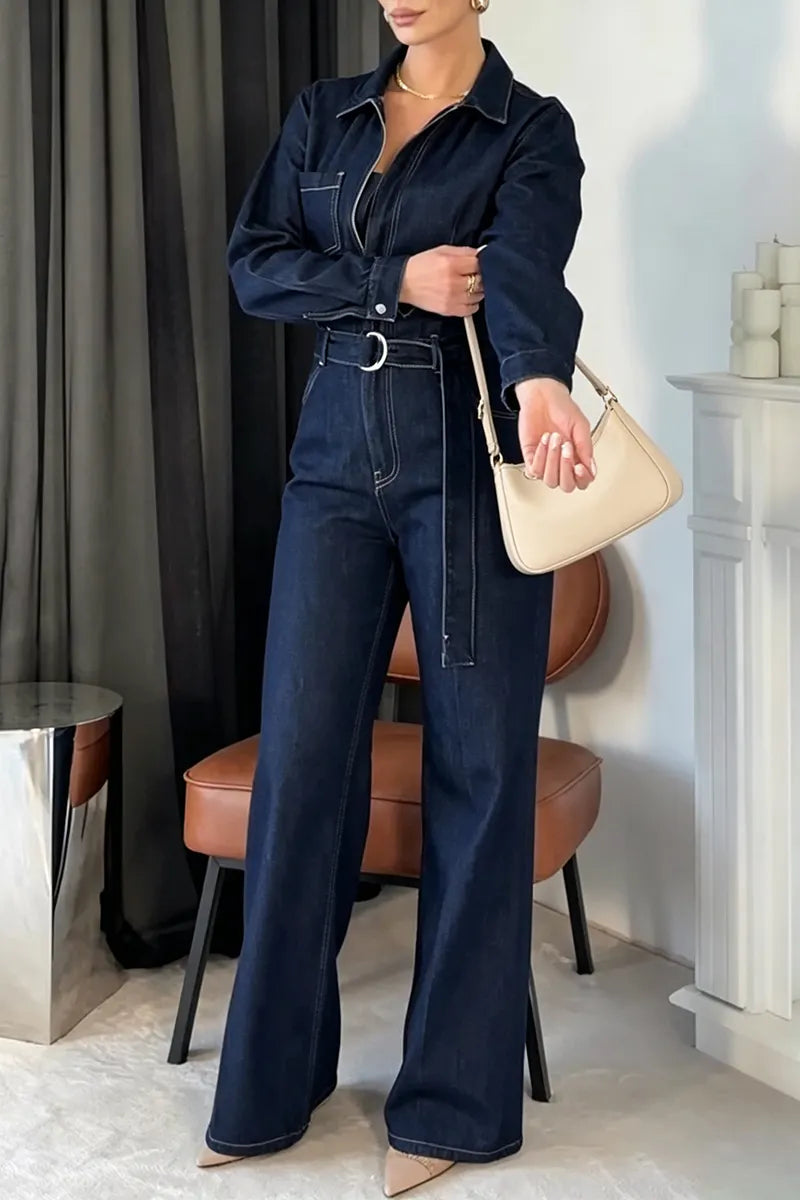Women's Casual Versatile Long Sleeve Denim Jumpsuit with Belt