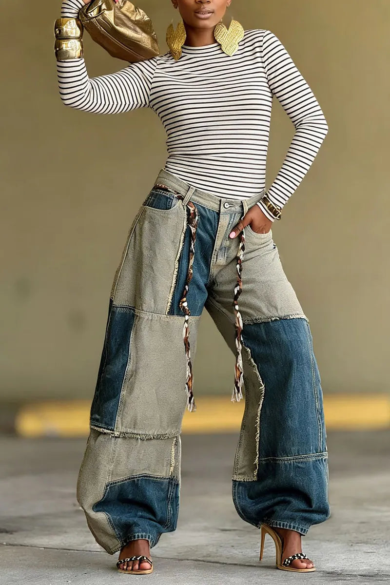Women's Two-Tone Color Block Hem Raw Jeans