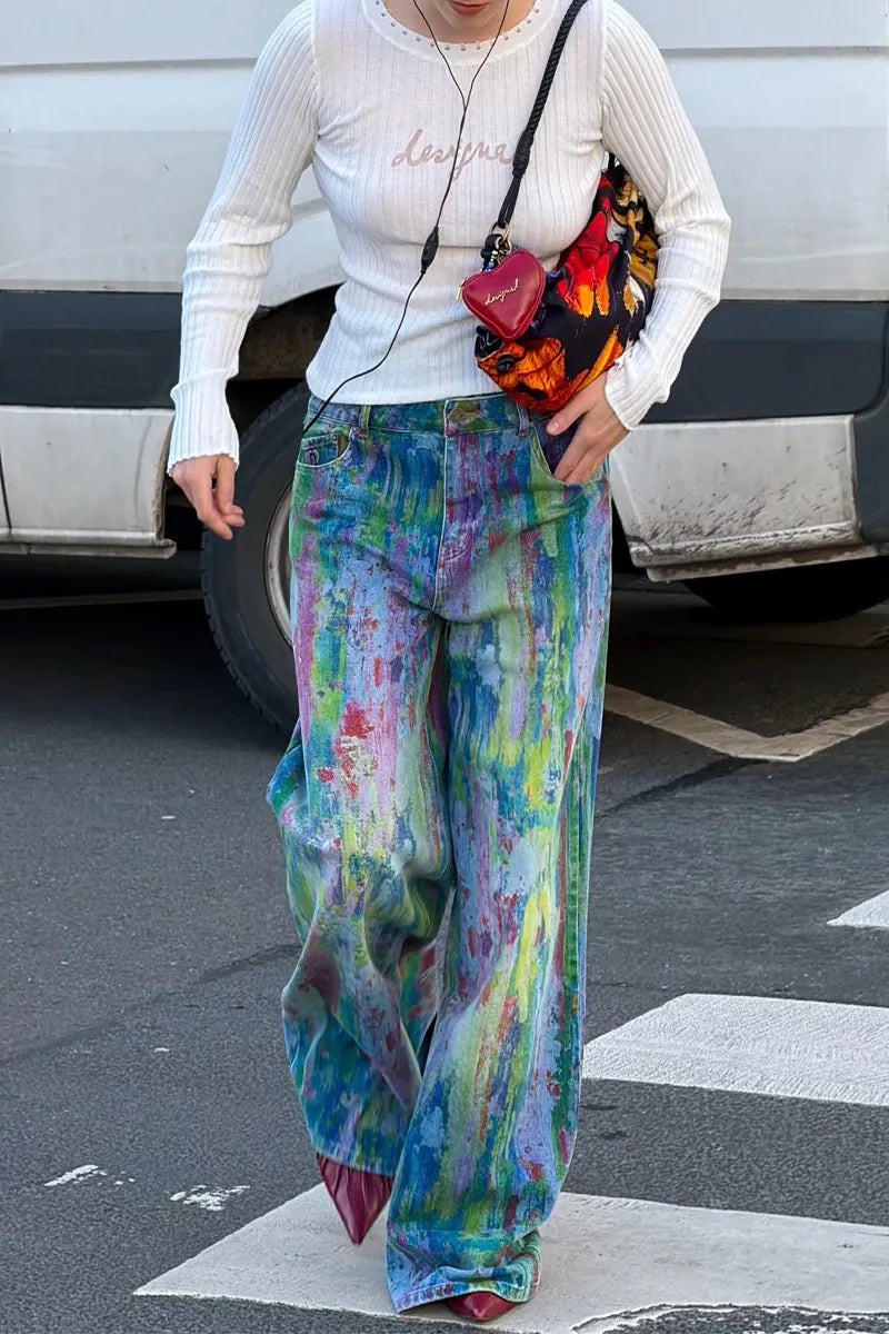 Women's Street Style Color Graffiti Print Jeans