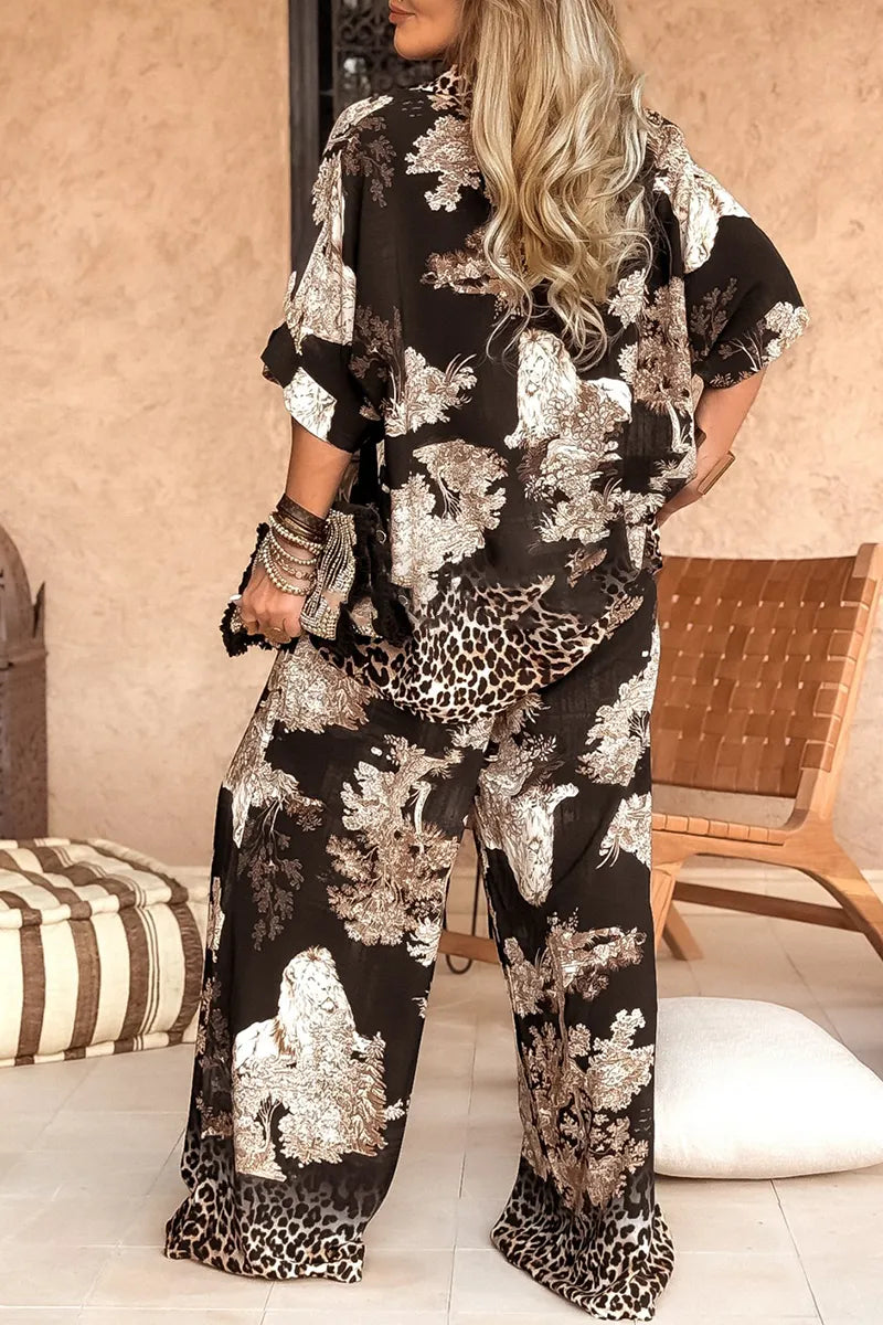 Women's V-neck Top + Printed Trousers Casual Suit