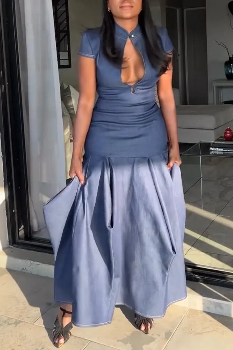 Women's Round Neck Hollow Waist with Elegant Slit Casual Denim Dress