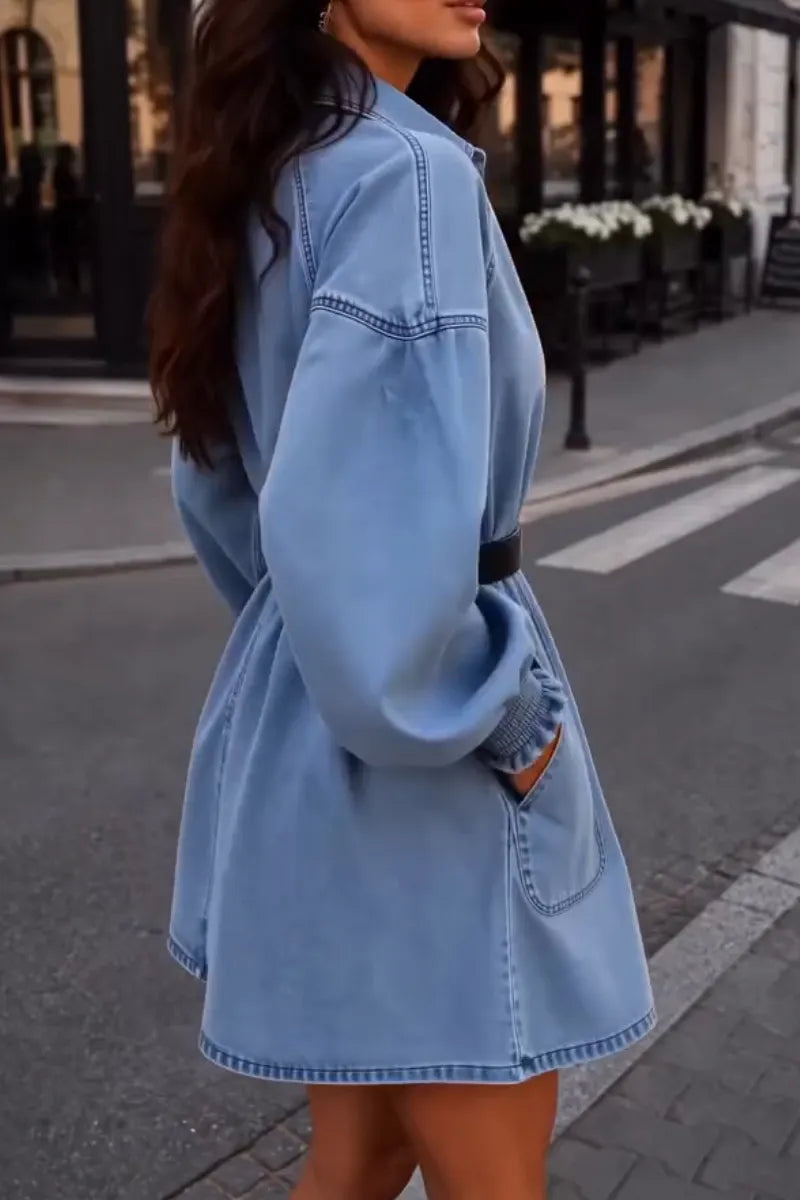 Women's Lapel with Heart-shaped Buckle Splicing Casual Denim Dress