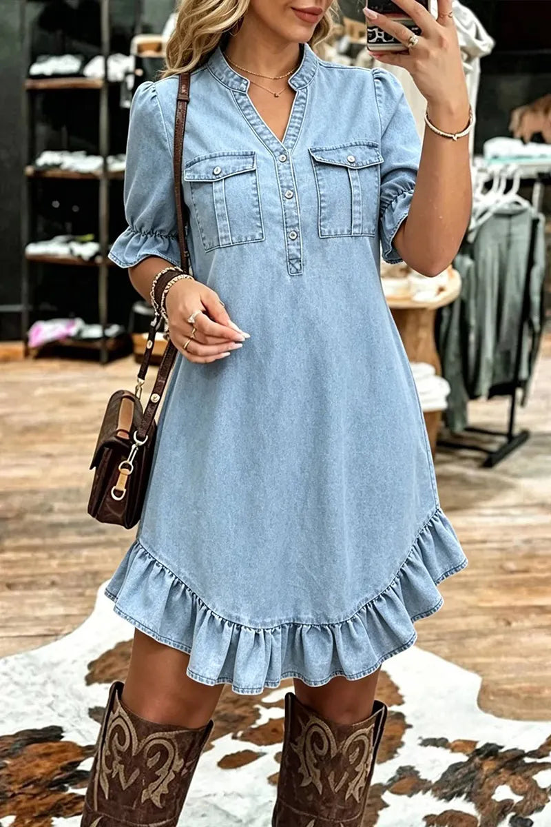 Women's Casual Ruffle Hem Washed Denim Mini Dress