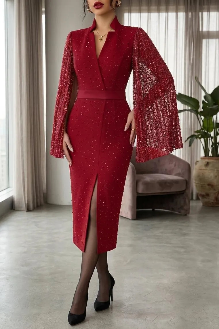 Women's Elegant Floral Lace Midi Dress Long Sleeve Scalloped V-Neck Ruched Slit Bodycon Cocktail Party Mother of the Bride Dress