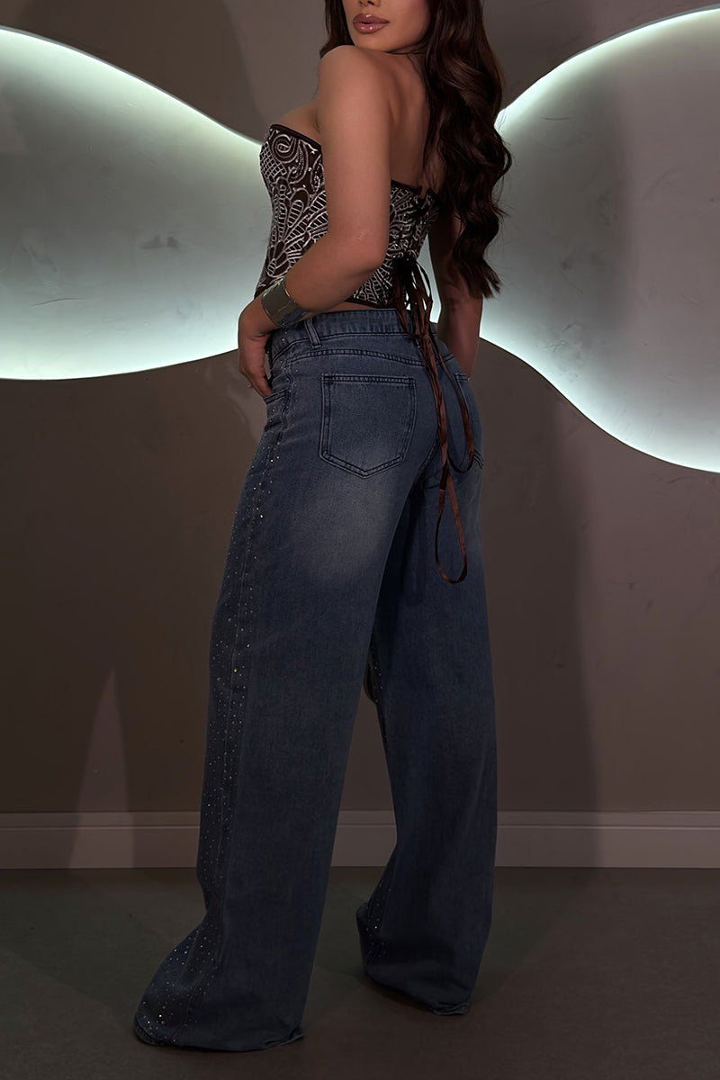 Women's Fashion Shiny Rhinestone Wide Leg Jeans