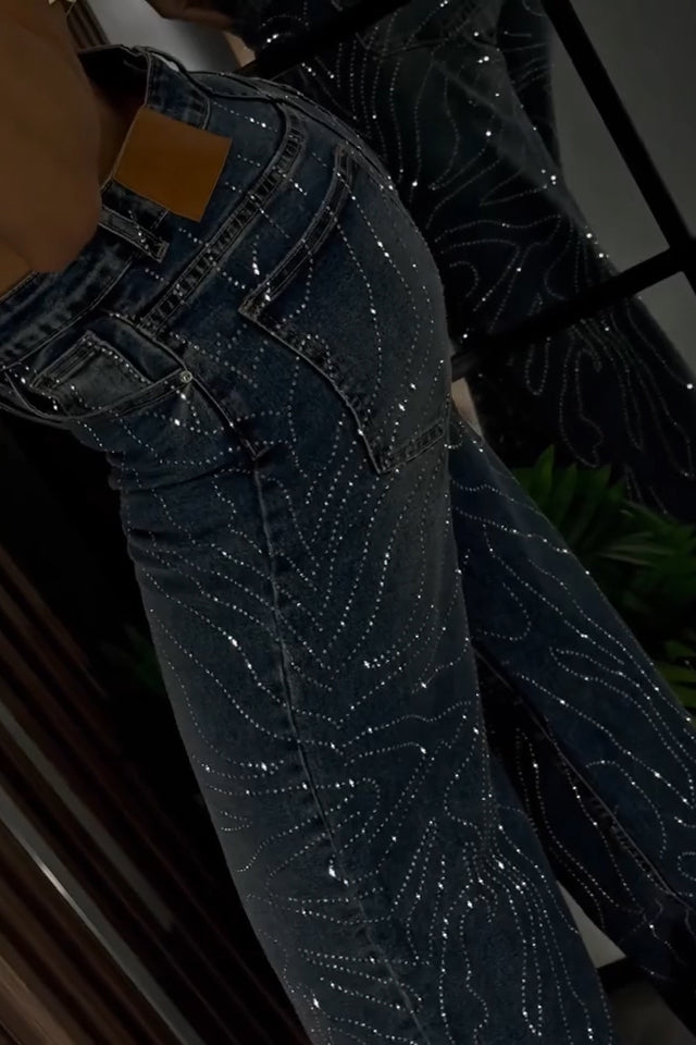 Women's Panel Hotfix Rhinestone Wide Leg Jeans