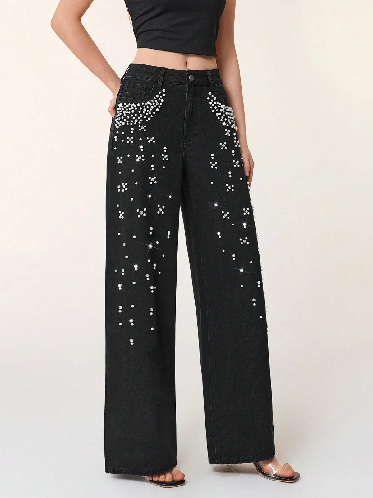 Casual Loose Fit Beaded Straight Leg Jeans