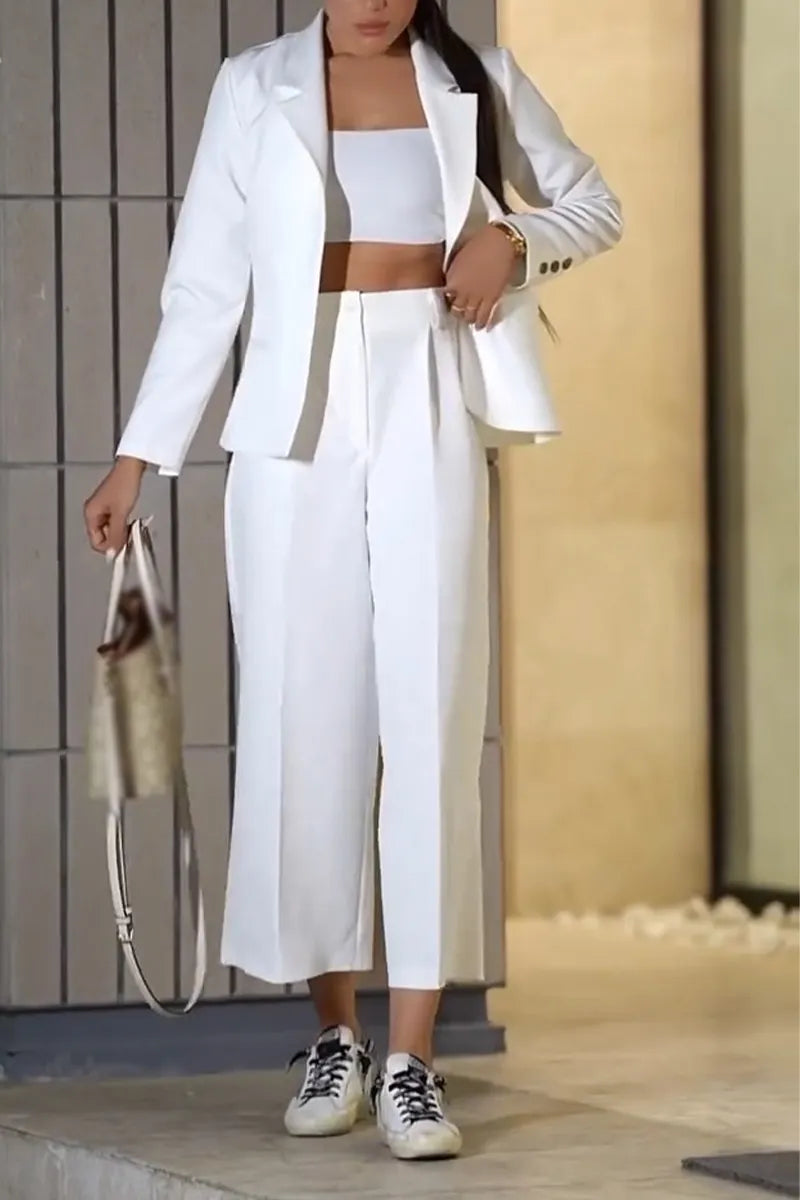 Women's Collar Back Hollow Jacket+ Pants Casual Suit