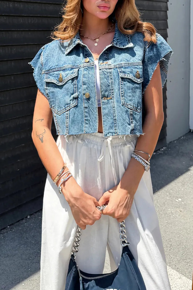 Women's Casual Wide Shoulder Distressed Wash Denim Vest