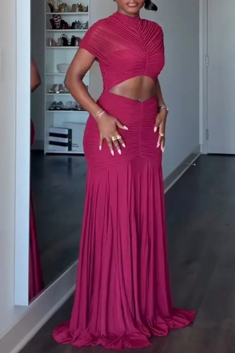 Women's Elegant Party Pleated Cut-Out Decoration Gown Maxi Dress