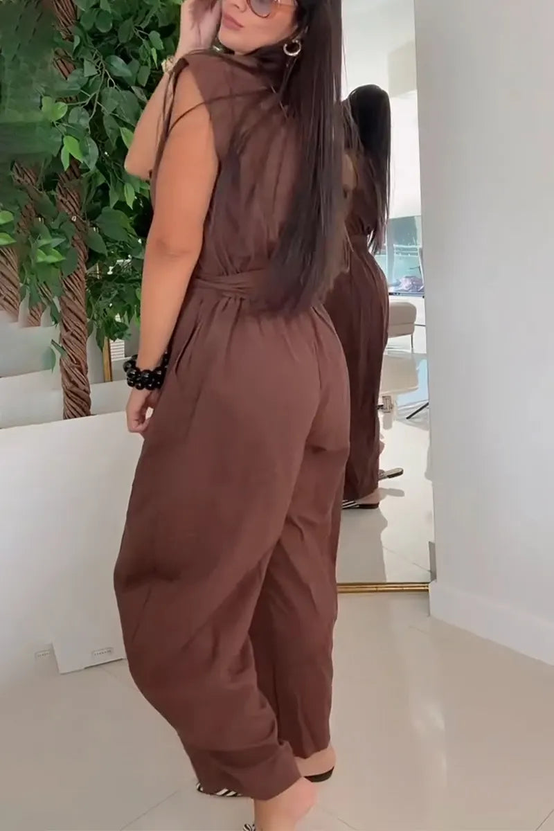 Women's Round Neck Double Breasted Waist Cinched Casual Jumpsuit