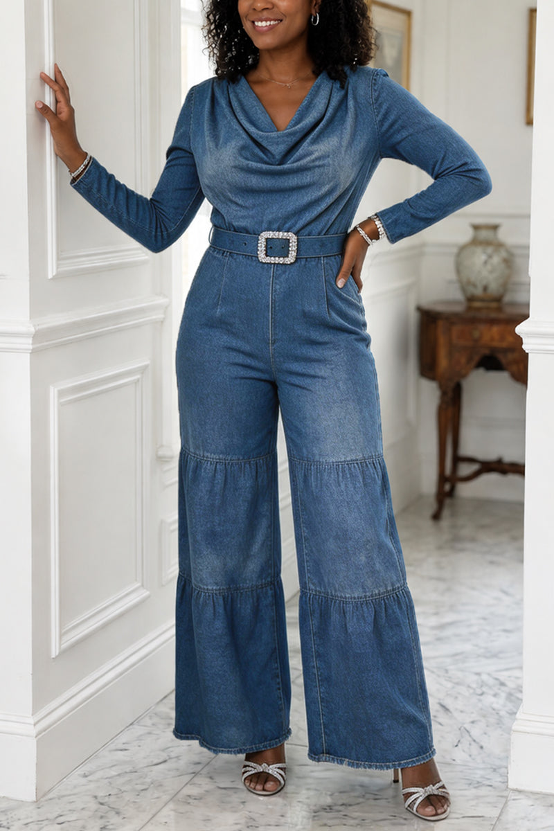 Women's Elegant Cowl Neck Long Sleeve Belted Tiered Blue Jumpsuit