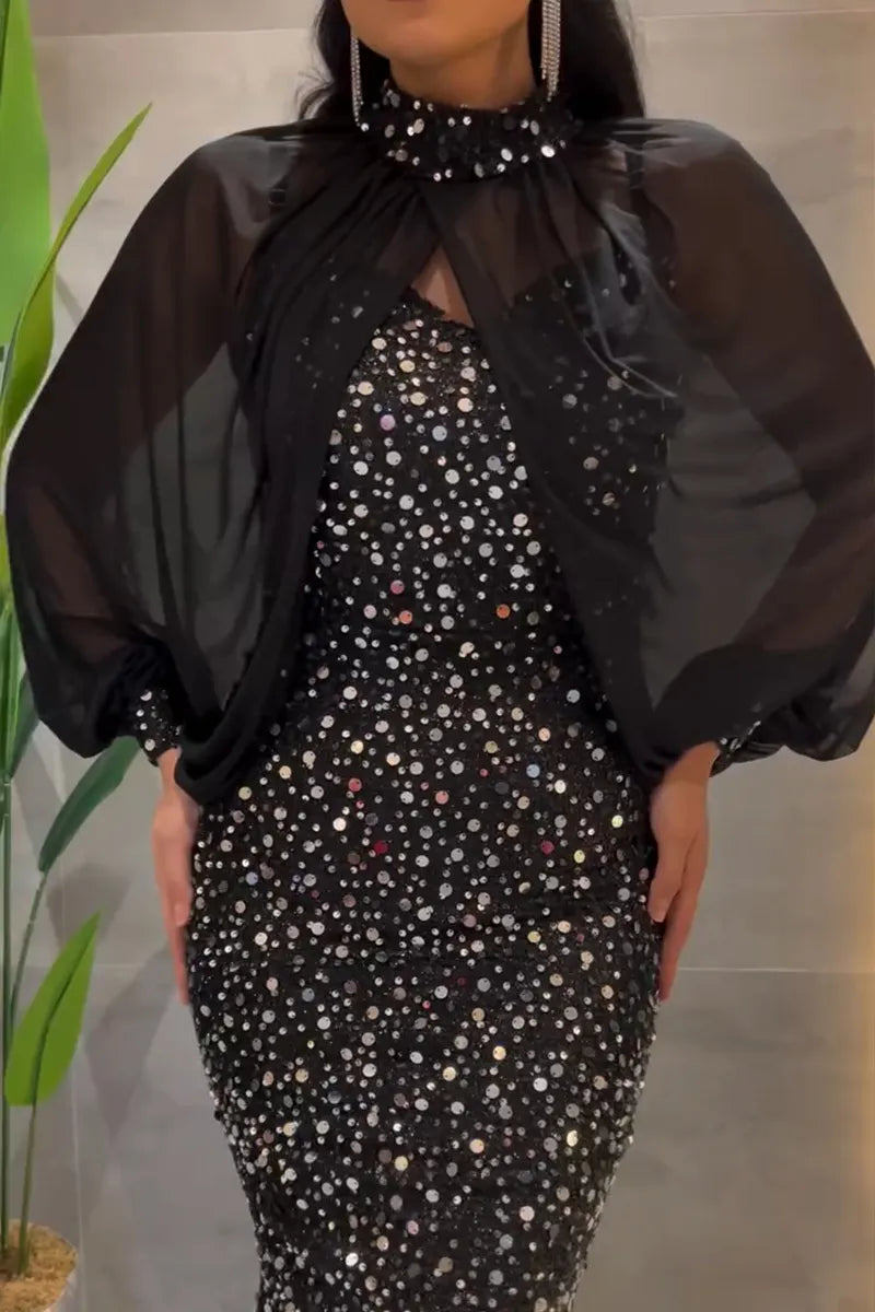 Women's Elegant Party Sequins with Cover-Up Maxi Dress
